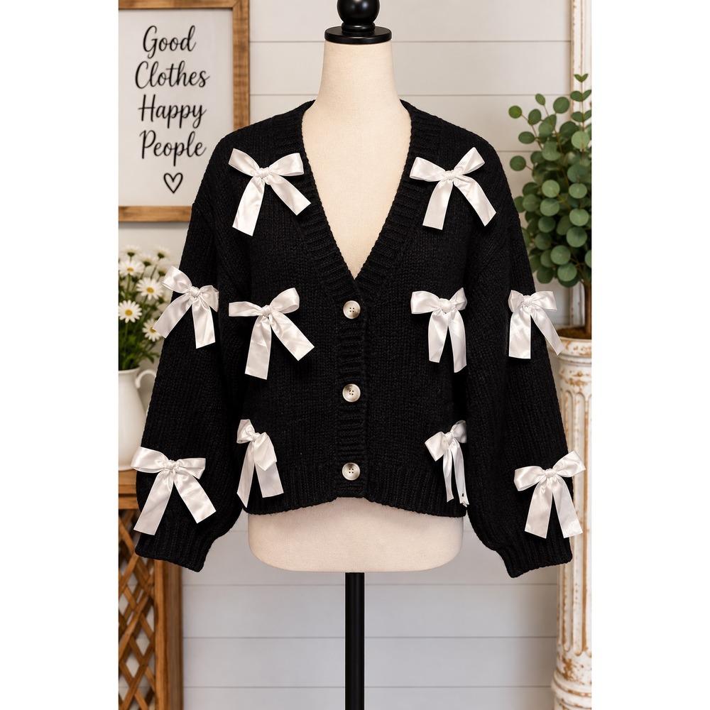 Katydid Women Black Knit Cardigan White Satin Bows Balloon Sleeve KDC-CRG-06 S